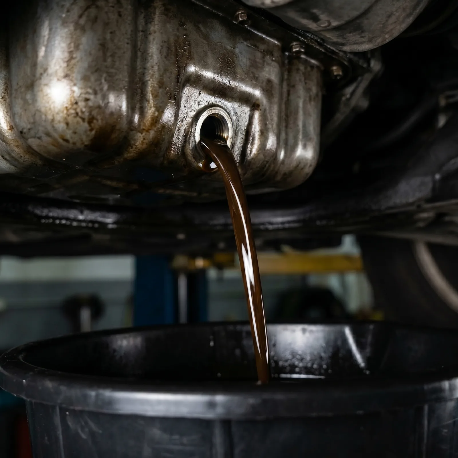 Oil drain during a preventive maintenance service in McKinney, TX at Economy Transmission and Automotive Repair